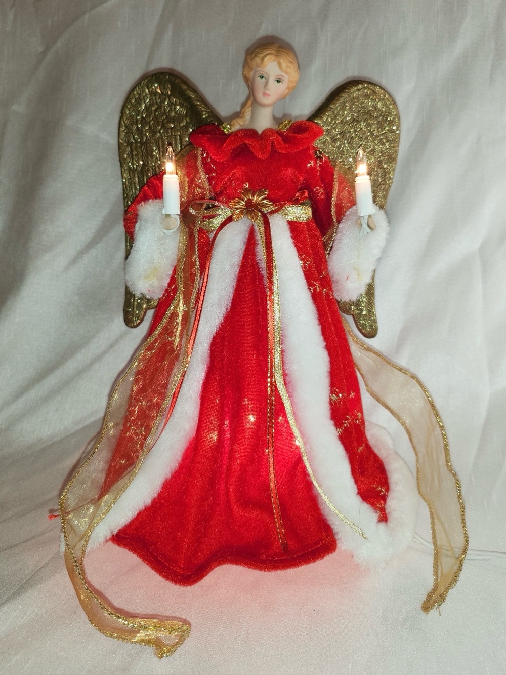 Lighted Holiday Angel Tree Topper in Red Velvet, White Faux Fur and Gold 13”